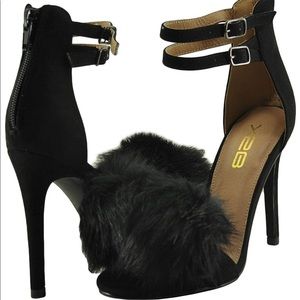 Catrina-4 Black Pom Pom Open Toe Ankle Strap Heel
